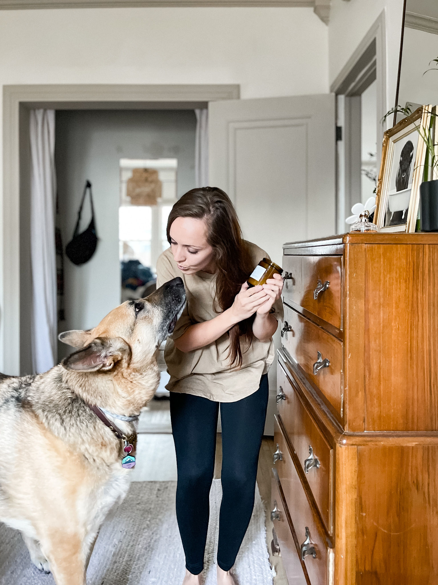 Katie and their German Shepherd, Teddy.