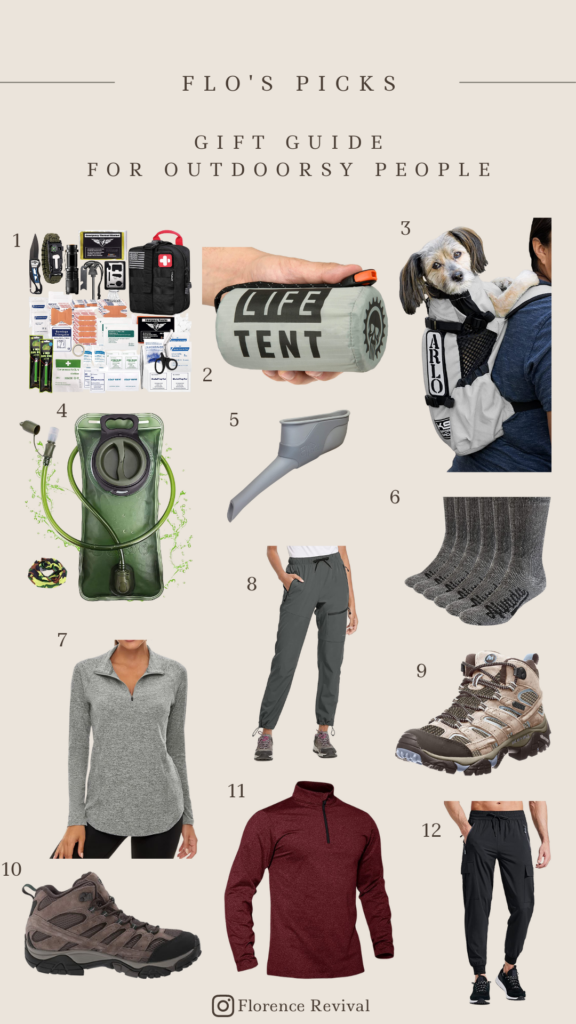 Flo's Picks: Gift Guide for Outdoorsy People. This is a photo collage of 12 items that Katie recommends as gifts for adventure-lovers.