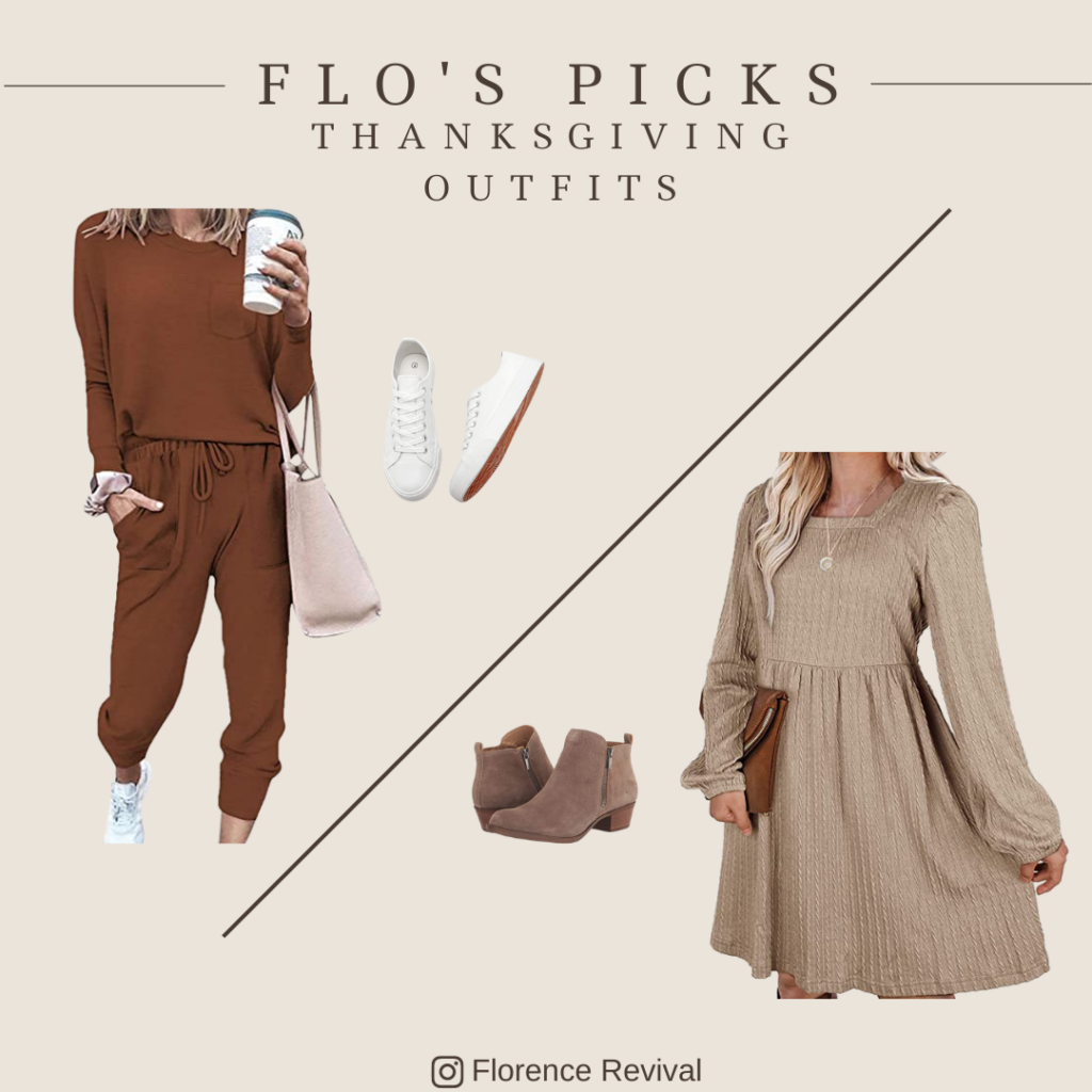 Comfy clothes perfect for a day focused on family, food, and fun. An acorn colored loungewear set, and a casual knit dress.