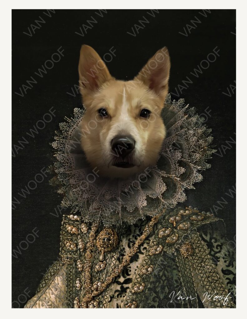 A proof image of a yellow dog dressed in rennaisance era clothing with a high ruff. This pet portrait is included on the gift guide for dogs.