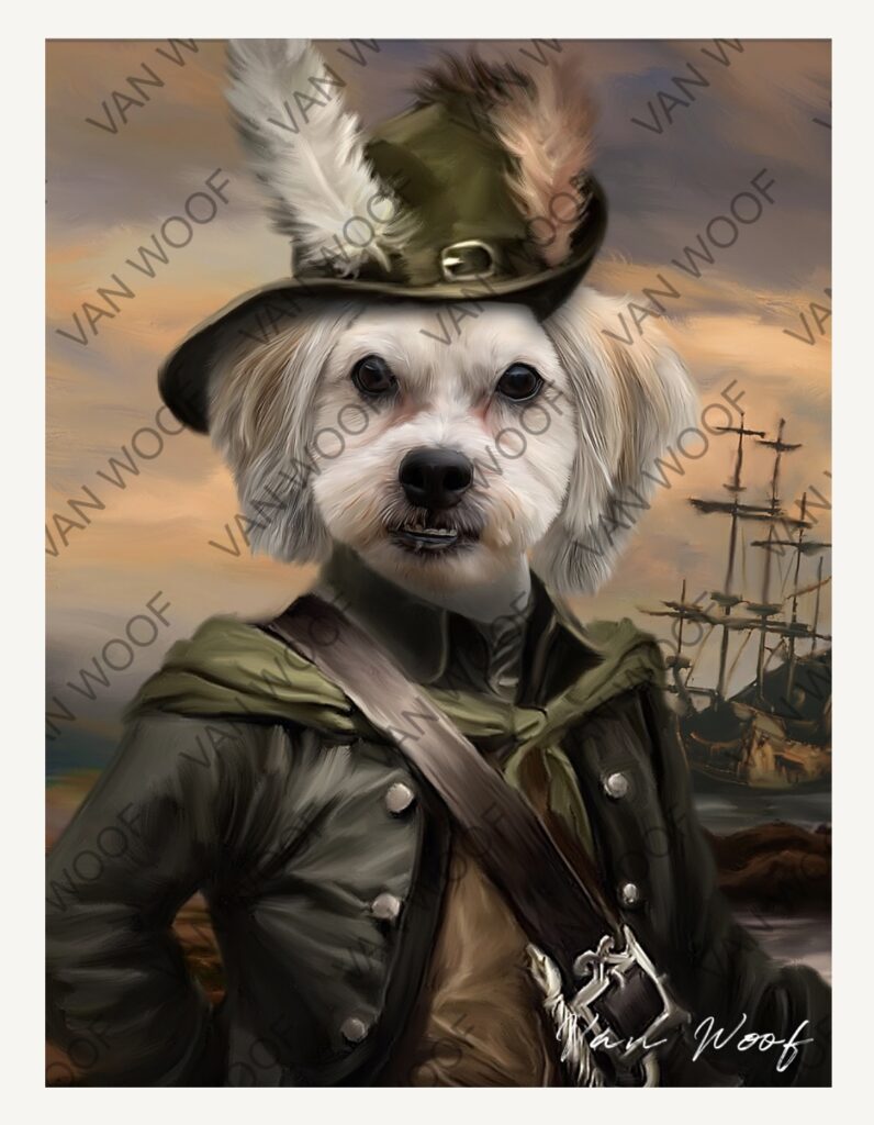A proof image of a small white dog wearing a pirate outfit, with a ship in the background. This item is on the gift guide for dogs.