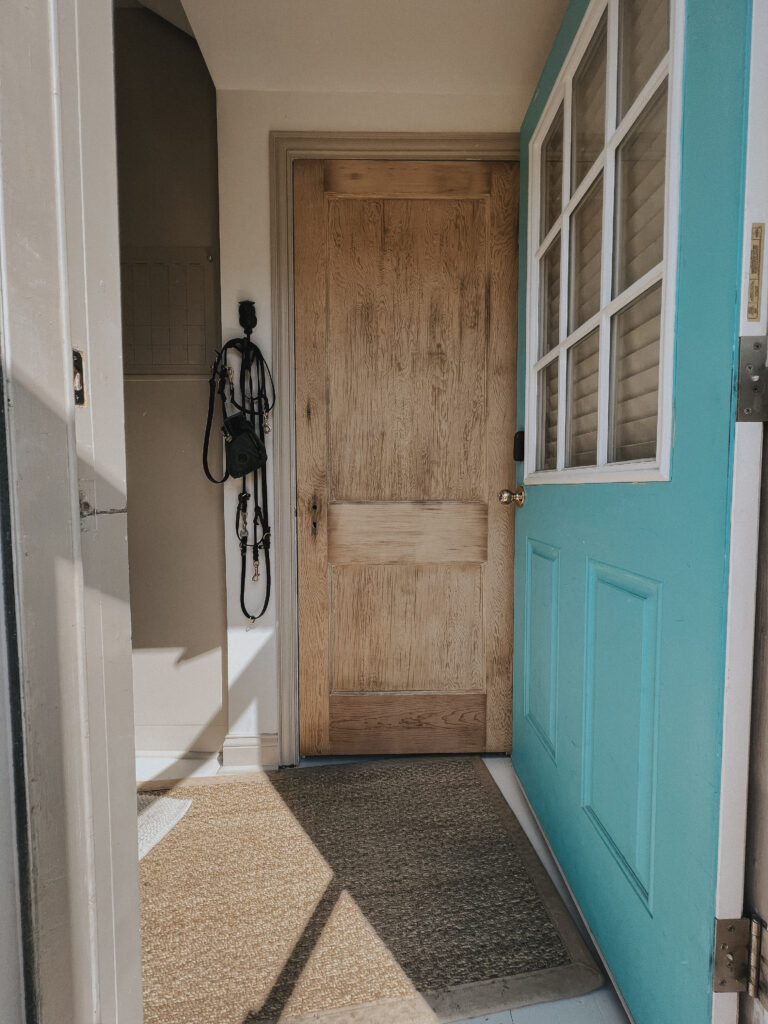 Image of a turquoise painted exterior door standing open.