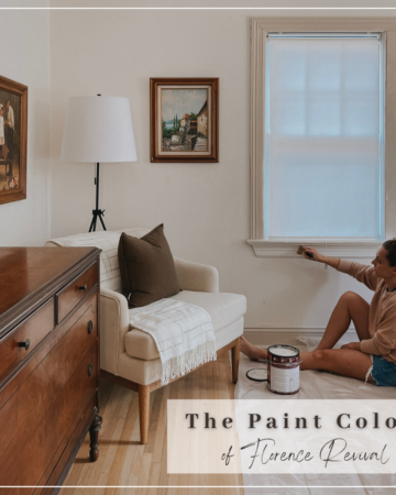 Image of Katie painting window trim beige - part of Katie's house color scheme. Text overlay says: The Paint Colors of Florence Revival.