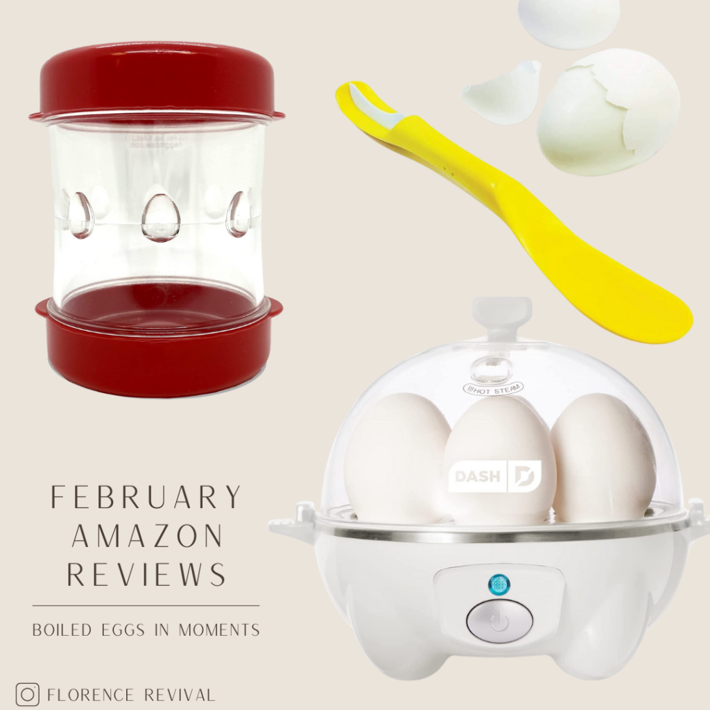 A white electric boiled egg cooker, a red container shaped egg peeler, and a yellow egg peeler tool shaped a bit like a spoon. The text reads: February Amazon Reviews, Boiled Eggs in Moments.