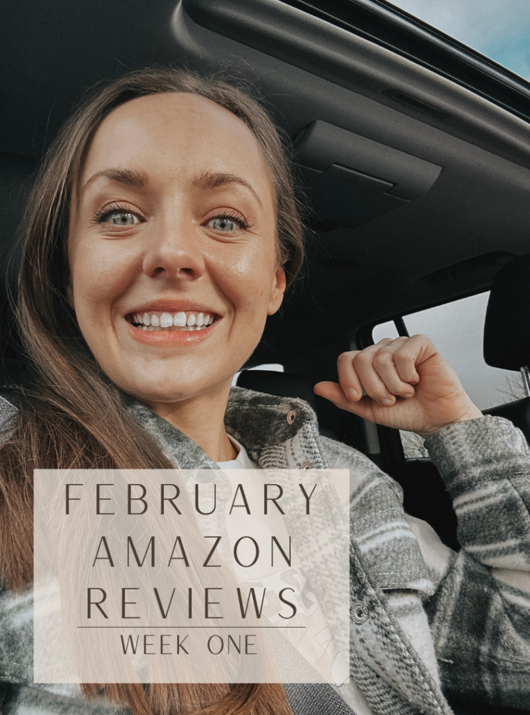 Image of Katie in a car smiling at camera. The text overlay says "February Amazon Reviews, Week One".