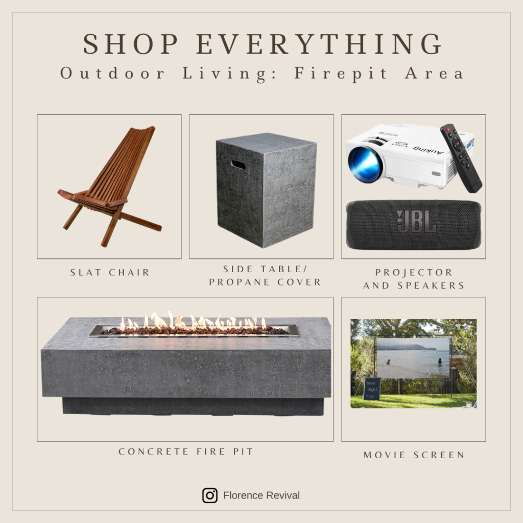 Outdoor Living Sources from our firepit area! Images of slat chair, side table, projector and speakers, concrete fire pit, and movie screen.
