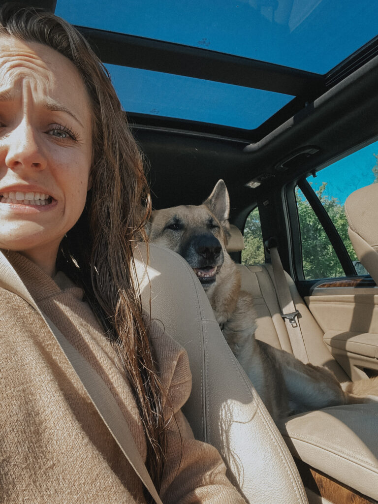 Image of Katie in the car with Teddy (German Shepherd Dog) in the backseat.